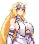  !? 1girl :&lt; adapted_costume armor armored_dress blonde_hair blue_eyes breasts chains commentary_request fate/grand_order fate_(series) fur_trim gauntlets headpiece huge_breasts isemagu long_hair ruler_(fate/apocrypha) sideboob simple_background solo under_boob very_long_hair white_background 