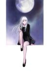 1girl absurdres black_dress black_shoes dress early_type flat_chest frame full_body full_moon hand_on_own_knee highres leg_lift lips moon original out_of_frame pantyhose shoes silver_hair sitting solo violet_eyes 