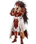  1boy armor armored_boots boots brown_hair company_name fire_emblem fire_emblem_heroes fire_emblem_if gloves grey_eyes highres kita_senri long_hair long_image male_focus mask official_art pants red_armor ryouma_(fire_emblem_if) simple_background solo spiky_hair tall_image very_long_hair white_background white_pants 