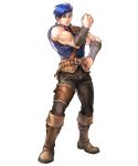  1boy abs bandage barst belt blue_eyes blue_hair boots fire_emblem fire_emblem:_mystery_of_the_emblem fire_emblem_heroes full_body headband highres male_focus official_art solo transparent_background wada_sachiko 