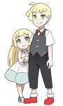  1boy 1girl artist_name blonde_hair blue_dress brother_and_sister child dress gladio_(pokemon) green_eyes highres lillie_(pokemon) lolitaii long_hair official_style pokemon pokemon_(game) pokemon_sm siblings signature vest wavy_mouth younger 
