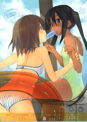  !? 2girls absurdres akinashi_yuu ass bikini black_eyes black_hair blush brown_eyes brown_hair calendar casual_one-piece_swimsuit dark_skin day food green_swimsuit highres hirasawa_yui huge_filesize innertube k-on! long_hair mouth_hold multicolored multicolored_stripes multiple_girls nakano_azusa one-piece_swimsuit popsicle romaji scan shared_food short_hair striped swimsuit tan twintails vertical-striped_bikini vertical_stripes yuri 