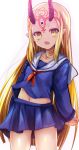  1girl blonde_hair breasts collarbone cowboy_shot fang fate/grand_order fate_(series) forehead horns ibaraki_douji_(fate/grand_order) long_hair looking_at_viewer navel neckerchief open_mouth school_uniform sen_(astronomy) serafuku small_breasts solo third_eye very_long_hair white_background yellow_eyes 