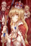  1girl alternate_costume blonde_hair bracelet braid cape crown curtains doll expressionless highres hourai_doll jewelry kirisame_marisa long_hair looking_at_viewer meng_ziya ring scepter solo touhou yellow_eyes 