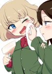  2girls bangs black_hair blonde_hair blue_eyes cake commentary_request fang food fork girls_und_panzer green_jacket holding holding_food jacket katyusha long_hair long_sleeves looking_at_another multiple_girls nonna one_eye_closed open_mouth parted_lips red_shirt school_uniform shirt short_hair simple_background standing swept_bangs turtleneck upper_body white_background wiping_mouth yottin 