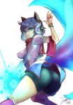  ahri alternate_costume alternate_hairstyle animal_ears arcade_ahri ass bangle blue_eyes bracelet breasts fingernails fox_ears fox_tail from_behind headphones highres jewelry league_of_legends looking_at_viewer looking_back multiple_tails parted_lips pixels purple_hair red_scarf scarf short_hair short_sleeves shorts simple_background smile tail thighs white_background wwwazxc 