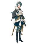 1girl arrow blue_eyes blue_hair boots fire_emblem fire_emblem_heroes fire_emblem_if full_body fur_trim gloves hair_over_one_eye hairband highres kyuusugi_toku official_art partly_fingerless_gloves quiver setsuna_(fire_emblem_if) short_hair solo transparent_background 