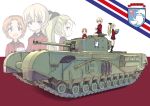  3girls assam black_boots black_skirt blonde_hair blue_eyes boots braid churchill_(tank) computer cup darjeeling emblem girls_und_panzer ground_vehicle highres jacket laptop long_hair military military_uniform military_vehicle miyao_ryuu motor_vehicle multiple_girls orange_hair orange_pekoe ponytail red_jacket short_hair skirt st._gloriana&#039;s_(emblem) tank teacup tied_hair twin_braids uniform 