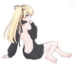  1girl 2017 aran_sweater arm_support artist_name ass backless_outfit bangs bare_back bare_shoulders black_ribbon black_sweater blonde_hair blue_eyes butt_crack dated detached_sleeves dress euphie_(holicy) eyebrows_visible_through_hair from_behind full_body hair_ribbon halterneck highres long_hair looking_at_viewer looking_back naked_sweater open-back_dress parted_lips ribbed_sweater ribbon shironeko_project side_ponytail signature simple_background sitting soles solo sophie_(shironeko_project) sweater sweater_dress turtleneck turtleneck_sweater virgin_killer_sweater white_background yokozuwari 