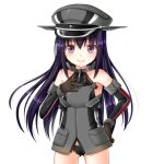  1girl akatsuki_(kantai_collection) alternate_costume bare_shoulders bismarck_(kantai_collection) bismarck_(kantai_collection)_(cosplay) black_panties blush brown_gloves commentary_request cosplay detached_sleeves eyebrows_visible_through_hair gloves hair_between_eyes hanazome_dotera hat kantai_collection long_hair looking_at_viewer military military_hat military_uniform panties peaked_cap purple_hair simple_background smile solo underwear uniform violet_eyes white_background 