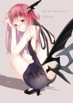 1girl absurdres backless_outfit bare_back bare_legs bare_shoulders bat_wings black_shoes black_sweater blush breasts butt_crack character_name dress english halterneck head_wings high_heels highres koakuma long_hair looking_at_viewer low_wings nagata_nagato naked_sweater no_bra no_panties no_underwear open-back_dress red_eyes redhead shoes sideboob simple_background solo squatting sweater sweater_dress touhou turtleneck turtleneck_sweater virgin_killer_sweater wings