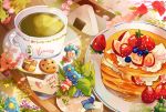  artist_name blueberry checkerboard_cookie cookie cup english flower food fruit green_tea heart no_humans onigiri original pancake plant plate stack_of_pancakes strawberry sugar_cube tea teabag teacup yon_(kyuyeon) 
