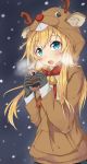  1girl abukuma_(kantai_collection) alternate_costume animal_costume antlers bangs bell black_gloves blonde_hair blue_eyes blush breath can commentary_request eyebrows_visible_through_hair gloves hair_rings highres holding holding_can kantai_collection long_hair long_sleeves looking_at_viewer open_mouth reindeer_antlers reindeer_costume solo steam wasumi_kei winter 