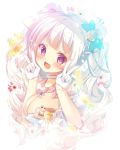  1girl :d animal_ears bangs bear_ears bee blush bow breasts choker cleavage copyright_request double_v fang floral_background gloves hair_bow half_gloves honeypot long_hair looking_at_viewer mitsumomo_mamu open_mouth silver_hair smile solo sparkle twintails upper_body v violet_eyes white_gloves 