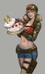  1girl absurdres artstation_sample bandaid bandaid_on_face beanie belt birthday_cake blonde_hair blue_eyes bomb breasts cake camouflage character_request cleavage food fur_trim grey_background grin hat highres image_sample large_breasts lips midriff namgwon_lee navel point_blank_(game) short_hair short_shorts shorts smile solo thigh_strap thong 
