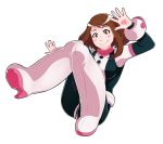  1girl absurdres artist_name blush_stickers bodysuit boku_no_hero_academia boots breasts brown_eyes brown_hair full_body high_heel_boots high_heels highres impossible_clothes lolitaii medium_breasts signature smile solo transparent_background uraraka_ochako 