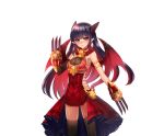  1girl armlet black_gloves black_hair black_legwear blue_eyes blush claw_(weapon) demon_wings dragon_providence dress earrings elbow_gloves gargoyle_(dragon_providence) gloves hair_ornament jewelry long_hair looking_at_viewer pointy_ears red_dress side_cutout single_glove solo standing thigh-highs weapon wings 