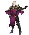  1boy armor artist_request belt black_armor blonde_hair cape circlet collar fire_emblem fire_emblem_heroes fire_emblem_if full_body gauntlets greaves highres maeshima_shigeki male_focus marx_(fire_emblem_if) multiple_belts official_art purple_cape red_eyes serious short_hair shoulder_armor solo 