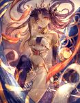  1girl bangs black_gloves black_hair black_legwear breasts cleavage elbow_gloves fate/grand_order fate_(series) floating_hair gloves hair_ribbon hand_up highres ishtar_(fate/grand_order) large_breasts long_hair looking_at_viewer orange_eyes parted_bangs parted_lips red_eyes ribbon signo_aaa single_elbow_glove single_thighhigh smile solo sparks thigh-highs tohsaka_rin two_side_up 