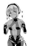  1girl absurdres assassin_(fate/prototype_fragments) bangs black_leotard blush center_opening cowboy_shot dark_skin eyebrows_visible_through_hair fate/prototype fate/prototype:_fragments_of_blue_and_silver fate_(series) fingerless_gloves full-face_blush gloves greyscale hair_between_eyes hands_up highres hips looking_at_viewer monochrome navel parted_lips short_hair simple_background soba_(saz) solo sweat 