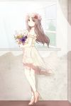  bare_shoulders bouquet brown_dress brown_hair curtains dress floating_hair flower flower_wreath from_side full_body high_heels highres holding holding_bouquet holding_flower lmt_(ksa1162) looking_at_viewer looking_back original red_eyes shade window 