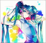  1055 1girl armpits arms_up bangs blue_eyes border collared_shirt colorful expressionless eyelashes green_hair hair_between_eyes hair_ornament hatsune_miku headphones highres holding holding_hair long_hair looking_at_viewer necktie pale_skin shirt simple_background sleeveless solo text twintails very_long_hair vocaloid 