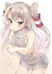  1girl amatsukaze_(kantai_collection) aran_sweater backless_outfit bare_back blush brown_eyes butt_crack grey_sweater highres irone_(miyamiya38) kantai_collection long_hair looking_at_viewer naked_sweater rensouhou-kun silver_hair sweater turtleneck turtleneck_sweater two_side_up virgin_killer_sweater 