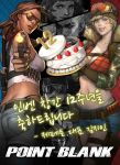  3boys 3girls ass bandaid bandaid_on_face beanie belt birthday_cake blonde_hair blue_eyes bomb breasts cake camouflage character_request cleavage dark_skin food fur_trim grey_background grin hat korean large_breasts lips midriff multiple_boys multiple_girls namgwon_lee navel point_blank_(game) short_hair short_shorts shorts smile solo thigh_strap thong translation_request 