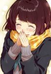  1girl aqua_neckerchief blush brown_hair coat commentary_request crying crying_with_eyes_open fingers_together kawai_makoto long_sleeves neckerchief nose_blush original plaid plaid_scarf scarf shiny shiny_hair signature streaming_tears sweater tears upper_body yellow_scarf 