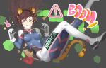  ! 1girl :p absurdres animal_ears animal_print artist_name bangs bodysuit boots breasts brown_hair bunny_print chips clothes_writing crumbs cube d.va_(overwatch) doritos facepaint facial_mark falling fangs floating_hair food gloves grey_background hair_between_eyes headphones highres kemonomimi_mode leg_up long_hair medium_breasts overwatch pilot_suit ribbed_bodysuit shoulder_pads shuaiaba sign signature skin_tight snack solo tail tiger_ears tiger_tail tongue tongue_out warning_sign whisker_markings white_boots white_gloves 