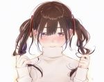  1girl blush brown_eyes brown_hair commentary_request eyebrows_visible_through_hair full-face_blush hair_between_eyes hair_ribbon holding holding_hair kawai_makoto long_hair long_sleeves original red_ribbon ribbon shiny shiny_hair simple_background solo sweater turtleneck turtleneck_sweater twintails twintails_day upper_body white_background white_sweater 
