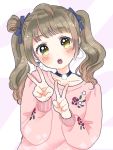  1girl :o alternate_hairstyle bangs blue_bow blush bow choker dochizame-chan_(araburumochi) double_v earrings floral_print grey_hair hair_bow jewelry long_hair long_sleeves looking_at_viewer love_live! love_live!_school_idol_project minami_kotori pink_sweater pom_pom_(clothes) solo sweater twintails twintails_day upper_body v yellow_eyes 