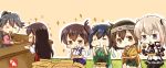  6+girls :t =_= akagi_(kantai_collection) black_hair blonde_hair breasts brown_hair chibi closed_eyes commentary_request eating food food_in_mouth food_on_face graf_zeppelin_(kantai_collection) hair_tie hiryuu_(kantai_collection) houshou_(kantai_collection) japanese_clothes kaga_(kantai_collection) kantai_collection long_hair multiple_girls open_mouth pantyhose seiza side_ponytail signature sitting smile souryuu_(kantai_collection) sparkle taisa_(kari) takoyaki triangle_mouth twintails 