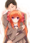  1boy 1girl absurdres black_hair bow closed_eyes gekkan_shoujo_nozaki-kun hagurumadaze hair_bow highres hug hug_from_behind nozaki_umetarou orange_hair sakura_chiyo school_uniform short_hair smile violet_eyes 