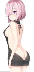 1girl arm_at_side ass backless_outfit bangs bare_back bare_shoulders blush breasts butt_crack closed_mouth cowboy_shot deviantart_username drawstring dress erect_nipples eyebrows_visible_through_hair fate/grand_order fate_(series) female_ass from_behind hair_over_one_eye halterneck highres kanz legs_together looking_at_viewer looking_back medium_breasts naked_sweater no_bra no_panties open-back_dress purple_hair ribbed_sweater shielder_(fate/grand_order) short_hair shoulder_blades sideboob simple_background smile solo sweater sweater_dress turtleneck turtleneck_sweater violet_eyes virgin_killer_sweater watermark web_address white_background