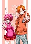  1boy 1girl 2017 absurdres blush brown_eyes copyright_name hallelujah_overdrive! highres index_finger_raised koi_dance kumori_touya looking_at_viewer makime_wakaba official_art open_mouth orange_hair pink_hair short_hair sketch skirt smile takata_koutarou violet_eyes 