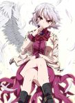  1girl black_boots boots breasts brooch dress feathered_wings feathers head_tilt highres jacket jewelry kishin_sagume legs_crossed long_sleeves looking_at_viewer medium_breasts nail_polish purple_dress purple_skirt red_eyes rihito_(usazukin) short_dress silver_hair simple_background single_wing skirt solo touhou tsurime white_background white_wings wings 