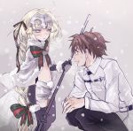  1boy 1girl :d bell black_gloves black_legwear blonde_hair blush braid brown_hair cape elbow_gloves fate/grand_order fate_(series) fujimaru_ritsuka_(male) gloves helmet holding holding_weapon jeanne_alter jeanne_alter_(santa_lily)_(fate) long_hair navel open_mouth polearm ruler_(fate/apocrypha) smile snowing spear squatting thigh-highs uhana very_long_hair weapon yellow_eyes 