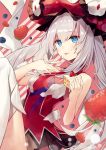  1girl bangs bare_arms bare_shoulders blue_eyes blush dress fate/grand_order fate_(series) food from_side fruit hair_between_eyes hat highres holding holding_food long_hair looking_to_the_side marie_antoinette_(fate/grand_order) necomi_(gussan) red_dress silver_hair solo strawberry strawberry_shortcake thigh-highs tongue tongue_out twintails white_legwear 