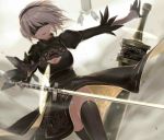  1girl black_dress black_gloves black_legwear blindfold blurry center_opening cleavage_cutout depth_of_field dress dutch_angle gloves hairband hana_mori mole mole_under_mouth nier_(series) nier_automata open_mouth outstretched_arm panties pantyshot pantyshot_(standing) pod_(nier_automata) short_hair silver_hair solo standing sword teeth thigh-highs underwear weapon white_panties yorha_no._2_type_b 