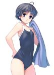  1girl black_hair blue_eyes breasts competition_school_swimsuit covered_navel highres looking_at_viewer masao one-piece_swimsuit original school_swimsuit short_hair simple_background small_breasts solo swimsuit towel white_background 