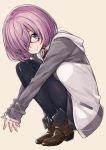  1girl black_legwear boots breasts fate/grand_order fate_(series) from_side full_body glasses hair_over_one_eye hands_together highres hood hoodie imigimuru knees_on_chest looking_at_viewer medium_breasts pantyhose purple_hair shielder_(fate/grand_order) short_hair simple_background sleeves_past_wrists smile solo squatting violet_eyes 