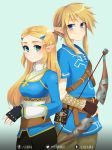  1boy 1girl blonde_hair blue_eyes bow_(weapon) fingerless_gloves gloves link long_hair looking_at_viewer pointy_ears ponytail princess_zelda seikoru smile strap the_legend_of_zelda the_legend_of_zelda:_breath_of_the_wild weapon 