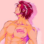  1boy abs all_out!! body_writing collarbone dark_skin dark_skinned_male dated happy_birthday keito_(dada_keito) looking_at_viewer male_focus multicolored_hair muscle nipples pectorals pink_background red_eyes redhead sekizan_takuya shadow shirtless simple_background solo streaked_hair upper_body 