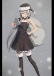  bare_shoulders black_boots black_dress black_hat black_santa_costume bobblehat boots closed_mouth collarbone colored_eyelashes dress echidna_(re:zero) gloves grey_background grey_eyes grey_hair hand_on_hip hat highres holding long_hair looking_at_viewer over_shoulder pillarboxed re:zero_kara_hajimeru_isekai_seikatsu sack santa_costume santa_hat sidelocks smile snow solo standing strapless strapless_dress tareme thigh-highs thigh_boots very_long_hair wagasi8_a719 winter zettai_ryouiki 