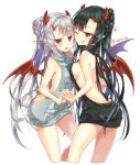  2girls :o ;q aran_sweater ass asymmetrical_docking back backless_outfit bare_arms bare_back bare_legs bare_shoulders black_hair black_sweater blush braid breast_press breasts butt_crack closed_mouth cropped_legs demon_horns demon_wings dress eyebrows_visible_through_hair eyelashes flying_sweatdrops grey_sweater hair_ornament hairclip hand_holding head_to_head heterochromia horns interlocked_fingers long_hair looking_at_another looking_at_viewer medium_breasts multiple_girls naked_sweater nekozuki_yuki one_eye_closed open-back_dress original pointy_ears red_eyes red_wings sideboob silver_hair slender small_breasts sweater sweater_dress tongue tongue_out turtleneck turtleneck_sweater twitter_username very_long_hair violet_eyes virgin_killer_sweater white_background white_hair wings yuri 