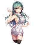  1girl alternate_costume armpits backless_outfit bangs bare_arms bare_back bare_shoulders black_legwear blush breasts cropped_legs dress green_eyes green_hair hair_ornament hairclip kantai_collection large_breasts long_hair looking_at_viewer navel one_eye_closed open-back_dress ribbed_sweater sideboob simple_background solo suzuya_(kantai_collection) sweater sweater_dress thigh-highs tongue tongue_out virgin_killer_sweater white_background white_sweater yuli_(yulipo) 
