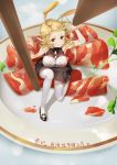  1girl 2016 animal_ears arm_support artist_name black_bow black_bowtie black_shoes black_skirt blocking blonde_hair bow bowtie breasts chopsticks closed_mouth dated food from_above frown full_body in_food large_breasts luzia mary_janes meat minigirl number one_knee orange_eyes original plate rabbit_ears shirt shoes sitting skirt sleeveless sleeveless_shirt solo thigh-highs white_legwear 