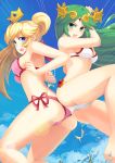  2girls ass ass-to-ass bikini blonde_hair blue_eyes breasts cleavage crown green_eyes green_hair kid_icarus kid_icarus_uprising super_mario_bros. multiple_girls nintendo palutena ponytail princess_peach seikoru super_mario_bros. super_smash_bros. swimsuit tiara 