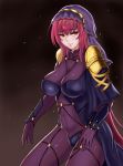  1girl akira_(yuibnm71) bangs blush bodysuit breasts closed_mouth covered_navel cowboy_shot fate/grand_order fate_(series) from_side highres large_breasts long_hair looking_at_viewer looking_to_the_side pauldrons purple_bodysuit purple_hair red_eyes scathach_(fate/grand_order) smile solo veil very_long_hair 